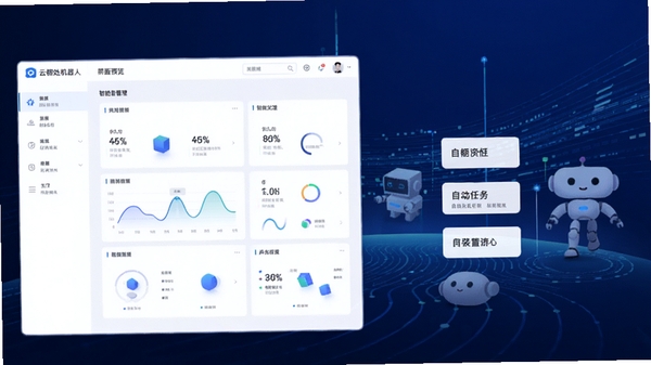 云栖处机器人核心界面预览图,展示其智能设备管理面板与自动化任务配置流程,背景为科技感十足的深蓝渐变与数据流线条,整体风格简约现代,突出软件的专业性与易用性