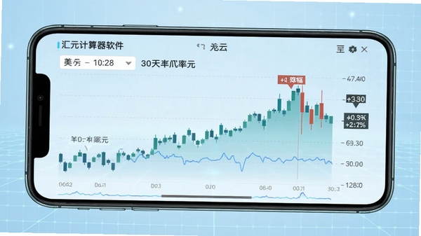 汇率计算器软件历史走势图功能展示,手机横屏显示美元对人民币30天汇率折线图,界面有日期选择和涨跌幅标注,背景为浅蓝色科技网格,数据可视化风格