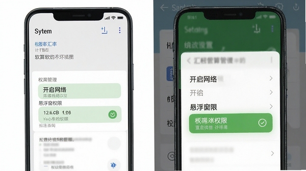 汇率计算器软件运行环境设置示意图,手机屏幕展示权限管理页面,开启网络和悬浮窗权限选项,背景为系统设置界面,简洁清晰