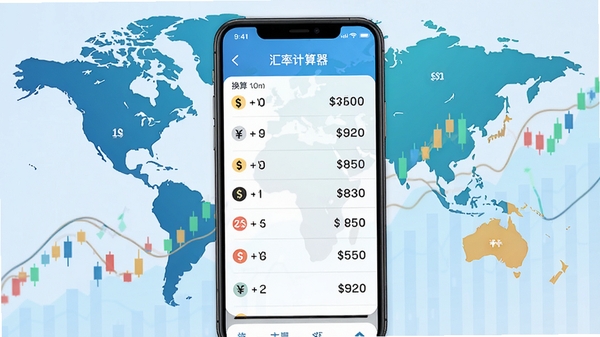 汇率计算器软件主界面预览图,手机屏幕展示多币种汇率换算列表,背景为全球地图与金融图表元素,整体风格现代简洁,色彩明快,高清渲染