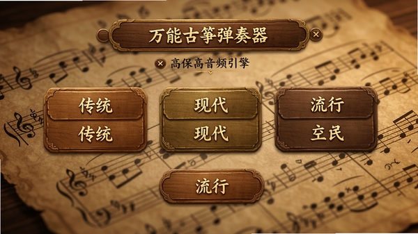 万能古筝弹奏器音色选择界面,显示不同流派音色选项如传统、现代、流行,背景为古风乐谱特写,界面按钮设计精致,带有木质纹理质感,整体色调温暖,凸显高保真音频引擎功能。