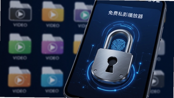 免费私影播放器隐私保密柜功能,手机界面显示指纹解锁动画,背景是模糊的视频文件图标,界面设计有金属质感锁头标志,科技感与安全感并存,深蓝色调,3D渲染风格