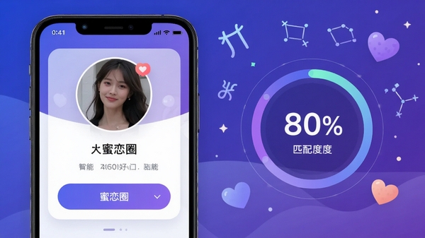 蜜恋圈APP的智能匹配功能界面预览图,画面左侧为个人资料卡片,右侧为匹配度百分比圆环,背景搭配星座符号和爱心元素,色彩以蓝紫渐变为主,风格现代简约,突出数据算法感,同时保持社交软件的温馨氛围