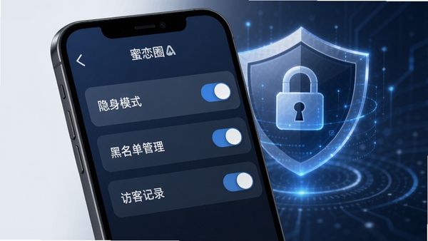 蜜恋圈APP的隐私安全设置界面示意图,画面展示手机屏幕上的隐私设置选项列表,包括“隐身模式”、“黑名单管理”、“访客记录”等开关,背景为盾牌与锁的图标,整体色调为深蓝与灰色,风格科技感强,突出安全可靠的特点