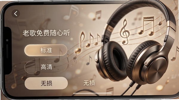 老歌免费随心听音质设置界面,手机屏幕显示音质选项包括标准、高清、无损,背景是耳机与音符结合,质感细腻,突出高音质体验