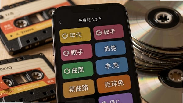 老歌免费随心听歌曲分类界面,手机屏幕上显示多个彩色分类标签,包括年代、歌手、曲风等,背景是复古磁带和CD堆叠,光影柔和,画面清晰,突出海量曲库和分类细致的特点