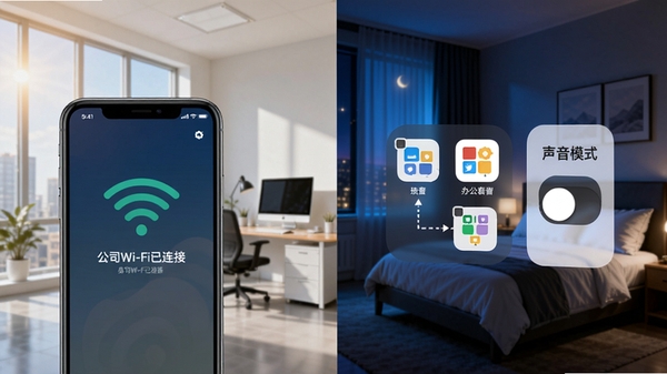 易配精灵智能场景联动示意图,左侧手机屏幕显示“公司Wi-Fi已连接”,右侧则弹出办公套件图标和声音模式切换开关,背景采用分屏设计,一半是白天的办公室,一半是夜晚的卧室,色彩对比鲜明,突出自动切换的智慧体验