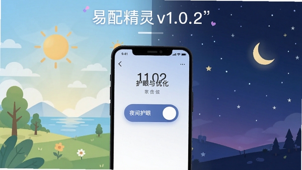 易配精灵v1.0.2版本更新宣传图,画面采用扁平化设计风格,中央展示手机界面中“夜间护眼”模式开关,背景由明亮的日间景色过渡到静谧的星空夜景,色彩柔和,突出护眼与优化的主题