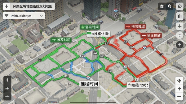 风顺全域地图路线规划功能截图,画面展示多条彩色路线对比,绿色代表推荐路线,红色代表拥堵路段,背景为城市街区,界面简洁,带有路程时间标签,写实风格,细节丰富