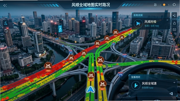 风顺全域地图实时路况界面,城市道路以红黄绿三色显示拥堵情况,并伴有事故图标,导航语音播报提示框,背景为城市航拍,科技感强,色彩鲜明,写实风格