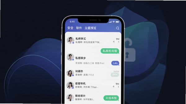 密境软件主界面预览图,画面主体为手机屏幕展示私密聊天列表,背景为模糊的深色渐变抽象图形,体现安全与私密感,整体风格简洁现代,适配Boogu模型生成