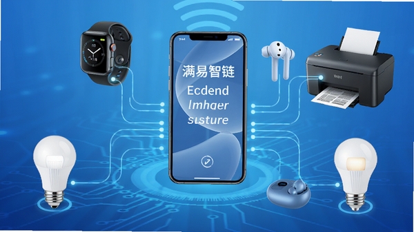 满易智链多设备同时连接示意图,画面中心是手机,周围环绕智能手表、蓝牙耳机、打印机、智能灯泡等设备,以线条连接,背景为渐变蓝色科技感氛围,突出兼容性强的特点。
