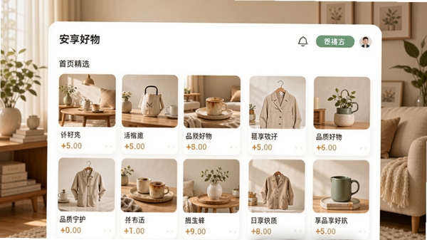 安享好物软件主界面预览图,展示首页精选商品瀑布流,背景为温馨的居家环境,商品卡片清晰可见,整体色调柔和明亮,突出品质生活感