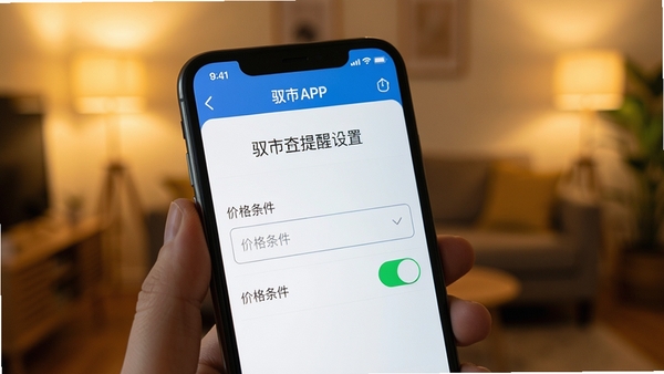 手机屏幕上显示驭市APP的提醒设置界面,有价格条件输入框和开关按钮,背景为模糊的室内环境,暖色调,突出功能设置的便捷性,画面清晰