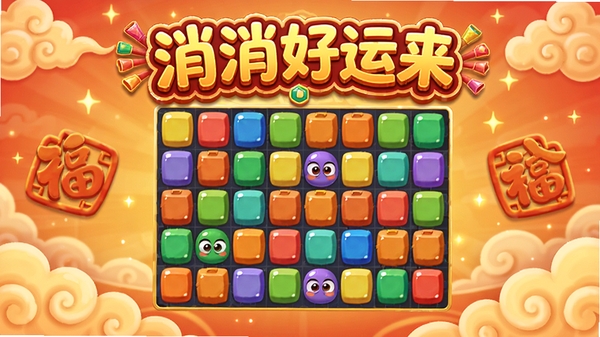 消消好运来游戏主界面预览图,画面中央是色彩鲜艳的消除方块,背景为暖色调的祥云与福字元素,风格喜庆明亮,整体构图以游戏界面为主,突出消消好运来名称,采用卡通渲染风格,细节丰富。
