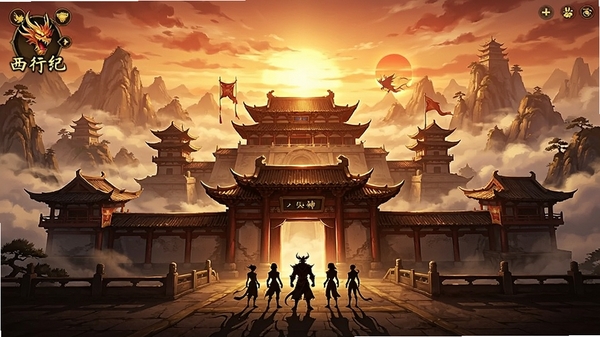 游戏主城界面全景,展示龙神八部之西行纪的东方幻想风格,画面中央是宏伟的宫殿建筑,背景是云雾缭绕的山脉与夕阳,角色剪影站在城门前,整体色调金红相间,细节丰富,4k高清,游戏宣传图风格