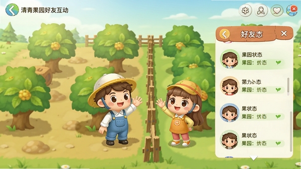 清青果园好友互动界面,展示两个卡通角色站在果园中互相挥手,旁边有好友列表弹窗,显示好友头像和果园状态,背景是两片相邻的果园,中间有篱笆分隔,整体色调柔和,突出友好互助的氛围