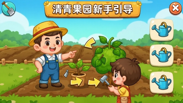 清青果园新手引导界面,展示一个卡通果园主在教玩家种植果树,屏幕上有操作提示箭头,背景是刚开垦的田地,有锄头和浇水壶图标,整体风格教学感强,色彩明亮
