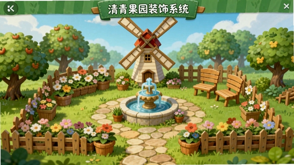 清青果园装饰系统界面,展示一个装饰精美的果园,中央有风车和喷泉,四周摆放着花坛、木椅和栅栏,地面铺着石板路,整体布局错落有致,色彩丰富,风格田园治愈,体现个性化装饰的乐趣