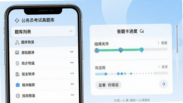 公务员考试真题库软件主界面预览图,左侧为题库列表分类,右侧为答题卡进度区域,背景采用浅蓝色渐变,整体风格简洁明亮,突出移动端学习工具的便捷性