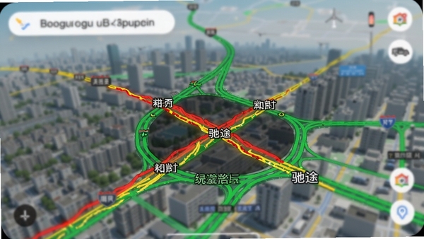 驰途实时路况地图路况图层效果,手机地图上红色黄色绿色线条交织,道路名称清晰可见,城市背景模糊处理,突出路况信息,适配Boogu模型生成