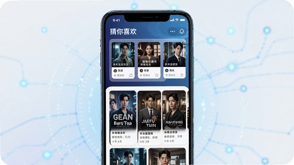来感短剧智能推荐功能展示,画面中央为手机界面,上方显示“猜你喜欢”模块,下方为推荐剧集卡片,背景为浅色渐变,强调算法个性化,科技感视觉风格