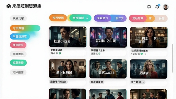 来感短剧资源库界面示意图,画面中展示多个分类标签和剧集缩略图,色彩鲜明,布局清晰,突出内容丰富性,现代UI设计风格