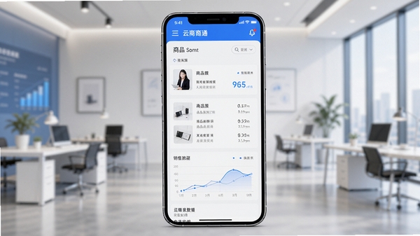 云商通软件主界面预览图,画面展示智能手机上的商户管理后台,背景为模糊的现代简约风格办公室,前景突出清晰的商品列表与销售数据图表,整体色调以蓝色和白色为主,科技感与商务感并存,竖版构图