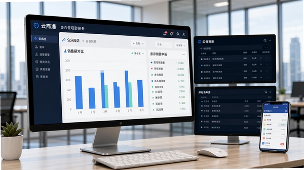 云商通多门店管理数据看板,展示不同分店的销售额对比柱状图和库存调拨申请列表,背景为写字楼办公室,电脑与手机多屏互动的画面,强调数据同步与协同办公,商务风格