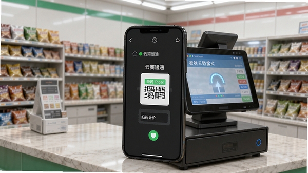 云商通离线模式收银示意图,手机界面显示网络已断开但仍可扫码计价,背景为便利店收银台,强调断网可用与数据安全上传,画面清晰写实