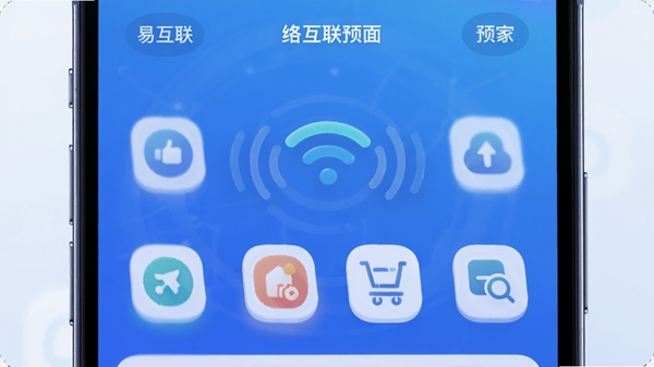易互联主界面预览图,手机屏幕显示网络优化仪表盘,背景为渐变蓝色科技感,图标圆润,信号波纹动画,整体风格现代简约,高清渲染