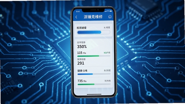 派锤克维修智能诊断功能运行界面,手机屏幕显示检测进度条和各项硬件健康指标,背景有电子电路纹理,色调为蓝色与白色,画面科技感十足,手机模型居中,细节清晰