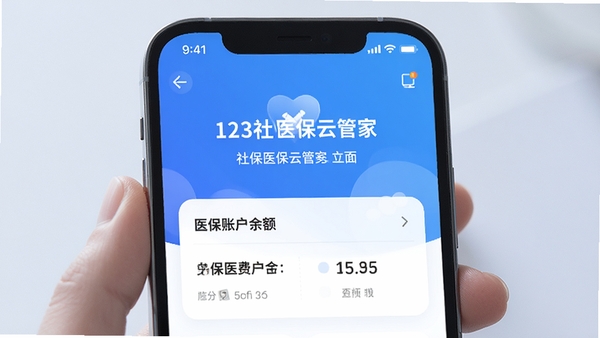 123社保医保云管家主界面展示,手机屏幕内显示社保缴费记录和医保账户余额,背景为简约的蓝色渐变,光线柔和,界面元素清晰,整体风格现代且友好,适合社保服务类应用展示