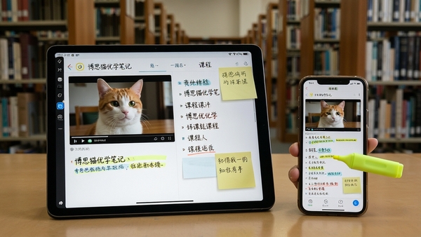 博思猫优学笔记联动场景,平板与手机同时展示课程视频与笔记区,画面中有荧光笔标记与便签,背景为图书馆书架,强调多端协同与知识整理,色调素雅,突出专注感