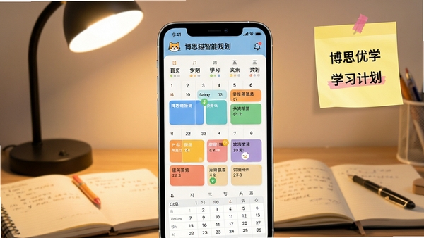 博思猫优学智能规划界面,手机展示日历式学习计划表,有不同颜色标记的任务模块,背景为桌面台灯与笔记,画面强调计划性与条理性,色彩温和,带有励志便签元素,构图清晰
