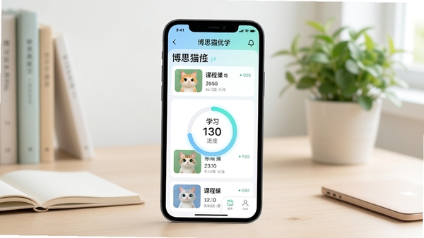 博思猫优学主界面展示,手机屏幕中显示课程列表与学习进度环,背景为简约书桌与绿植,整体色调明亮清新,突出学习氛围与科技感,画面主体居中,光线柔和,细节丰富
