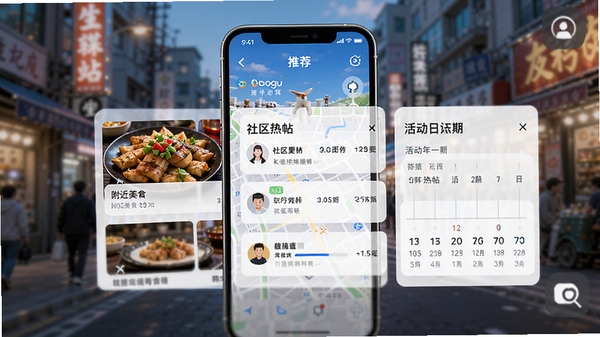 附近寻趣软件核心功能总览界面,手机屏幕内展示附近美食推荐、社区热帖与活动日历,背景为模糊的城市街景地图,画面主体突出,色彩明快,科技感与生活气息融合,适配Boogu模型生成