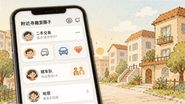 附近寻趣邻里圈子互动界面展示,屏幕上有多个用户头像和动态卡片,包含二手交易、拼车、组队等图标,背景是温馨的社区楼宇手绘图,色彩柔和,突出社区归属感与邻里互动氛围