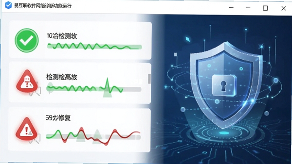 易互联软件网络诊断功能运行截图,界面显示各项检测指标通过状态,带有绿色勾选与红色警告图标,背景为抽象的数据修复与盾牌图形,风格简洁专业。