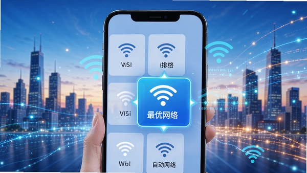 易互联软件智能网络优选功能示意图,画面展示手机屏幕上多个Wi-Fi信号源被智能排序,最优网络被高亮标记并自动连接,背景为城市天际线与数据流线条,色彩明快,科技感十足。