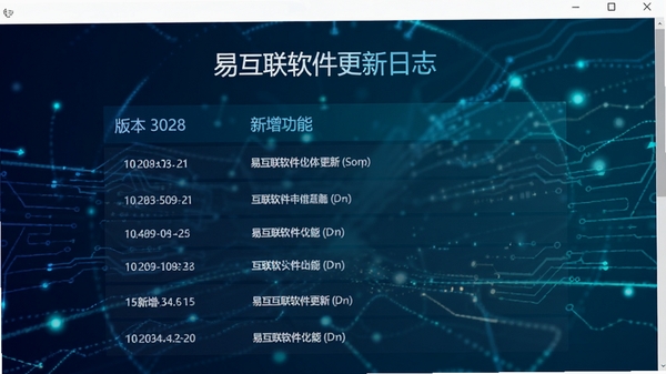 易互联软件更新日志页面截图,展示版本号与新增功能列表,背景为充满科技感的线条与光点,色调以深蓝和青色为主,突出软件的专业与稳定。