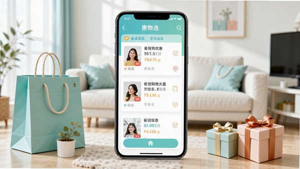 惠物选软件主界面预览图,画面中央展示手机屏幕内购物优惠列表,背景为明亮的现代客厅,有购物袋和礼盒元素,整体色调清新明快,突出省钱购物主题
