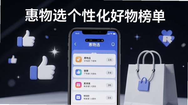 惠物选个性化好物榜单展示图,手机屏幕呈现排行榜列表,背景为点赞图标和购物袋,画面简洁现代,突出智能推荐与口碑保障