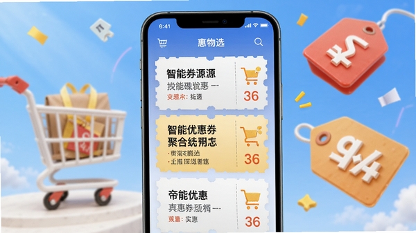 惠物选智能优惠券聚合功能演示图,手机屏幕展示多张优惠券卡片,背景为购物车和折扣标签,画面风格活泼,突出海量券源和实惠感