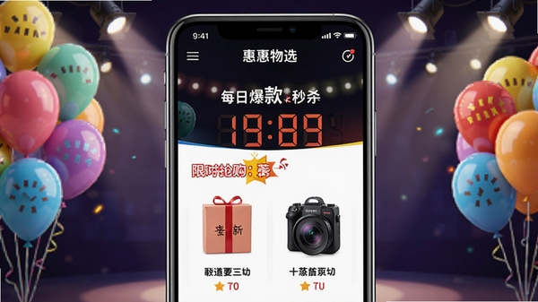惠物选每日爆款秒杀推荐界面示意图,手机屏幕展示倒计时和商品图片,背景为彩色促销气球和聚光灯效果,强调限时抢购的紧迫感