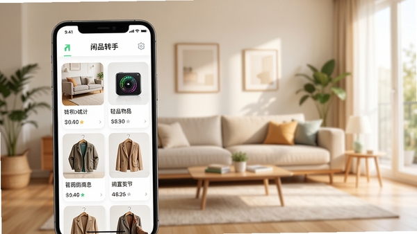 转手二手物品APP主界面,前景展示一个智能手机屏幕,屏幕内是二手商品列表,包含家具、数码、衣物等缩略图,背景是干净明亮的现代客厅,暖色调,商品卡片清晰,UI设计简洁,暗示闲置物品轻松转手,整体风格清新自然,适合APP首页宣传图