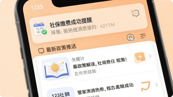 123社保医保云管家的政策资讯与消息推送界面,手机通知栏显示社保缴费成功提醒,背景为浅橙色柔和色调,界面包含最新政策解读文章列表,图形界面包含日历与提醒图标,整体设计专业且信息层次分明