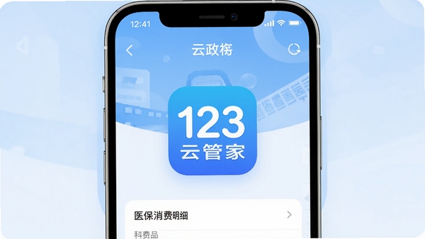 123社保医保云管家主界面展示,手机屏幕内显示社保账户余额、缴费记录、医保消费明细列表,背景为淡蓝色渐变政务风格,干净清爽,屏幕中央有123社保医保云管家的APP图标,整体画面现代简洁,数字界面清晰可见,适合软件介绍图