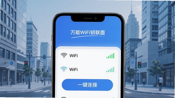 ����WiFiԿ��������չʾ���ֻ���Ļ��ʾ����WiFi�б����ź�ǿ��ͼ�꣬����Ϊ�ִ����н־���ǳ��ɫ����������Ⱦ��ͻ������������һ�����Ӱ�ť