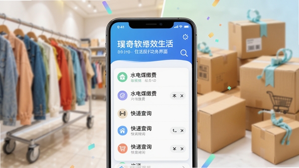 璞奇软件的生活服务功能界面截图拼贴效果,画面主体为手机界面展示水电煤缴费和快递查询列表,背景为购物场景与物流包裹的虚化影像,色彩明亮,主题明确,突出便捷生活与高效管理的理念,数字艺术风格